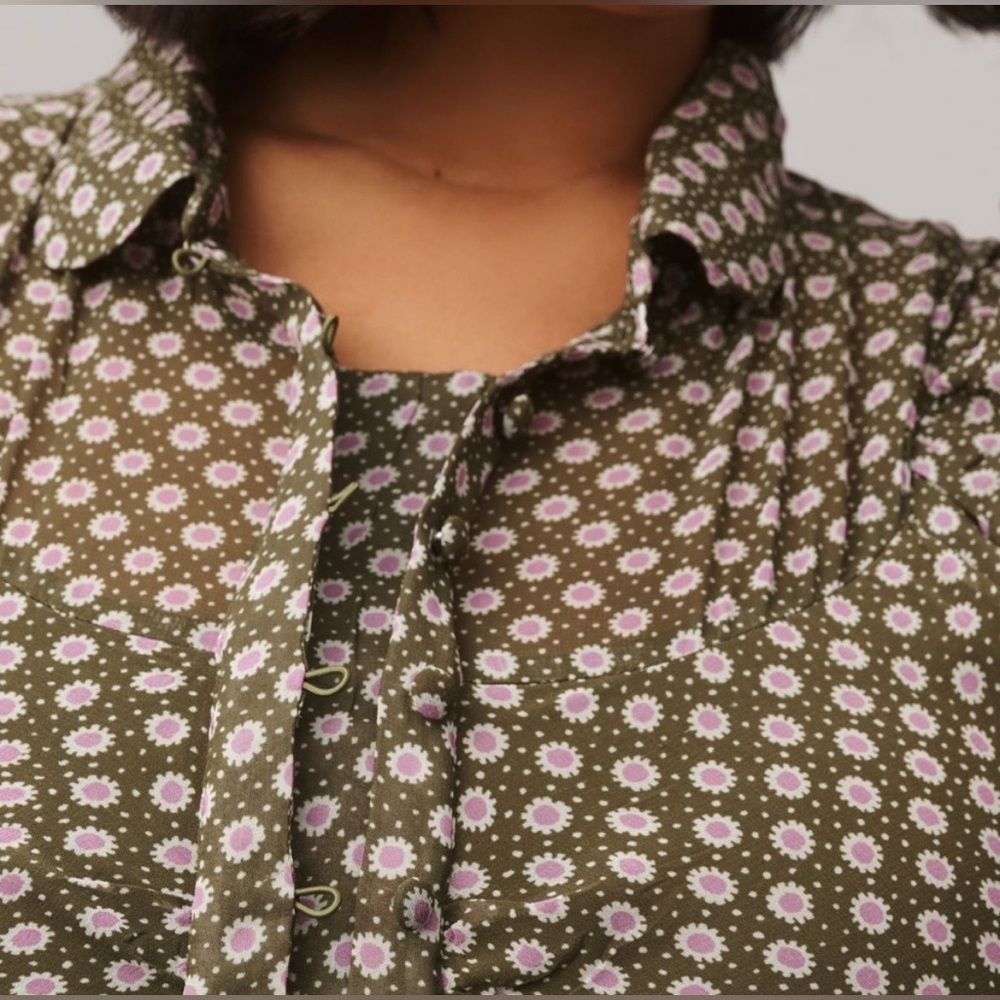 63. Anthropologie Puff-Sleeve Ruched Mesh Midi Shirt Dress - Picture 4 of 4